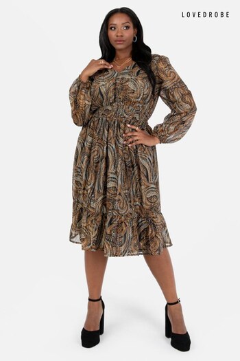 Lovedrobe Brown Printed Shirred Waist Midi Dress (Q89486) | £55