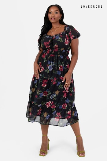 Lovedrobe Floral Print Sweetheart Neck Black Midi Dress (Q89488) | £55