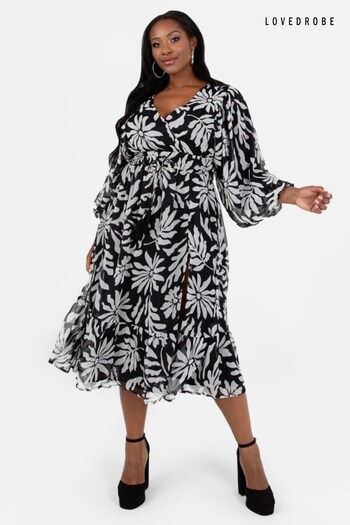 Lovedrobe Floral Balloon Sleeve Black Midi Dress (Q89489) | £55