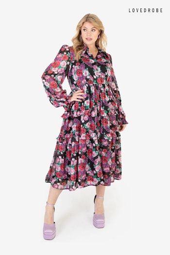 Lovedrobe Black Floral Long Sleeve Midi Shirt Dress (Q89530) | £75