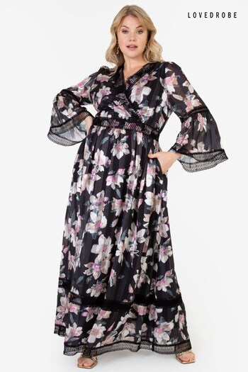 Lovedrobe Black Bell Sleeve Floral Print Maxi Dress (Q89532) | £85