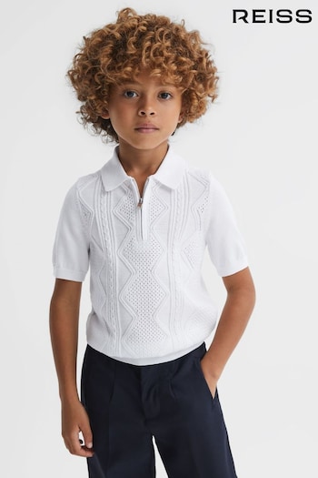 Reiss White Tropic Teen Cotton Half-Zip Polo Shirt (Q89536) | £46
