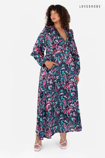 Lovedrobe Print Frill Detail V-Neck Black Maxi Dress (Q89546) | £85
