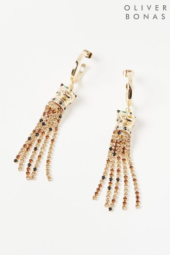 Oliver Bonas Gold Tone Adrienne Cheetah & Tassel Drop Hoop Earrings (Q89743) | £24