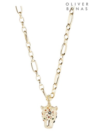Oliver Bonas Gold Tone Adrienne Cheetah Pendant Necklace (Q89759) | £26