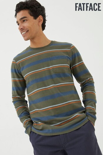 FatFace Green Long Sleeve Stripe Pocket Crew T-Shirt (Q89824) | £38