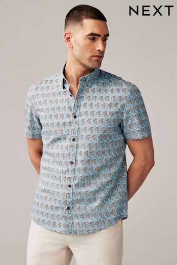 Blue Linen Blend Printed Short Sleeve Shirt (Q89826) | £30