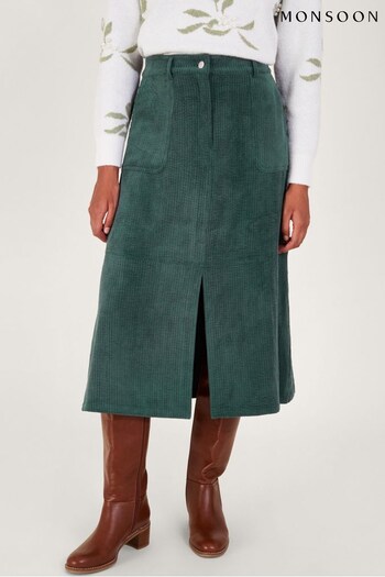 Monsoon Green Aria Cord Split Skirt (Q89841) | £70