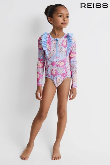 Reiss Pink Poppy Senior Floral Print Ruffle Long Sleeve Swimsuit (Q89852) | £50