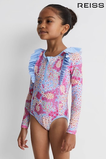 Reiss Pink Poppy Junior Floral Print Ruffle Long Sleeve Swimsuit (Q89870) | £45