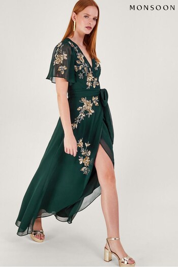Monsoon Green Sarah Embellished Wrap Dress (Q89872) | £150