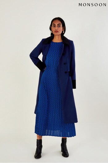Monsoon Blue Velvet Trim Skirted Coat (Q89875) | £165