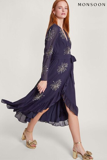 Monsoon Blue Serena Embellished Wrap Dress (Q89887) | £150