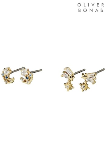 Oliver Bonas Gold Tone Jonah Celestial Stud Earrings 4 Pack (Q89950) | £24