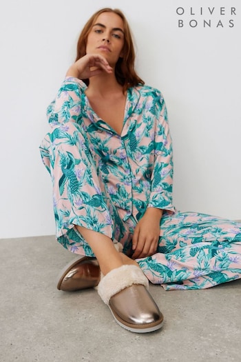 Oliver Bonas Peacock Pink Shirt & Trousers Pyjama Set (Q90039) | £70