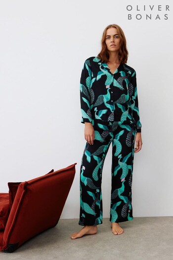 Oliver Bonas Peacock Black Shirt & Trousers Pyjama Set (Q90041) | £69.50