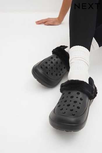 Black Faux Fur Lined Clog Slippers (Q90077) | £18
