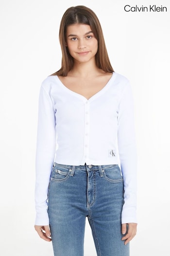 Calvin Klein White Woven Label Cardigan (Q90143) | £55