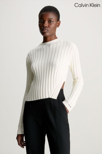 Calvin lth Klein Cotton Blend Split White Sweater (Q90173) | £160