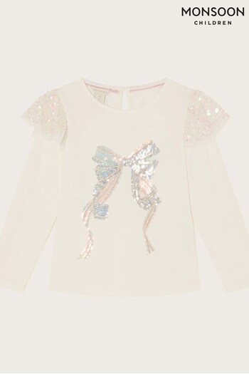 Monsoon Natural Sequin Bow Long Sleeve Top (Q90274) | £20 - £24