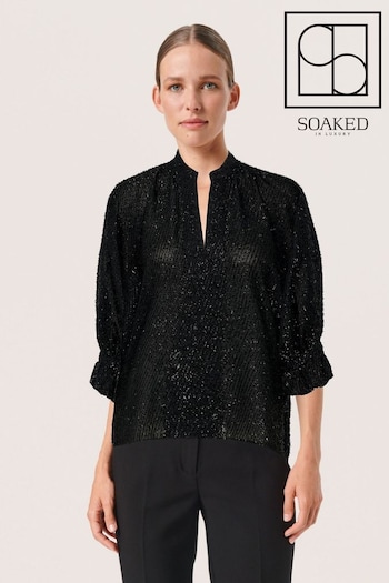 Soaked in Luxury Lia 3/4 Sleeve V-Notch Black Neck Blouse (Q90396) | £75