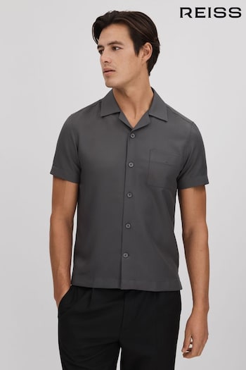 Reiss Charcoal Tokyo Cuban Collar Button-Through Shirt (Q90431) | £88