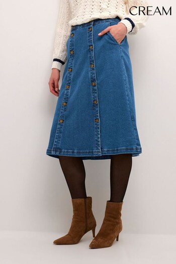 Cream Blue Tin Knee Length Button Denim Skirt (Q90510) | £100