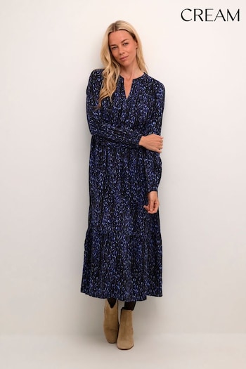 Cream Blue Tiah Long Sleeve Belted Maxi Dress (Q90518) | £90
