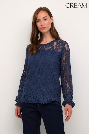 Cream Blue Kit Long Sleeve Round Neck Lace Blouse (Q90524) | £55