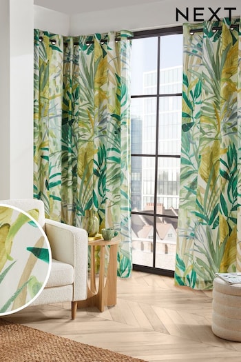 Green Overscale Tropical Leaf Eyelet Lined Curtains (Q90755) | £30 - £95