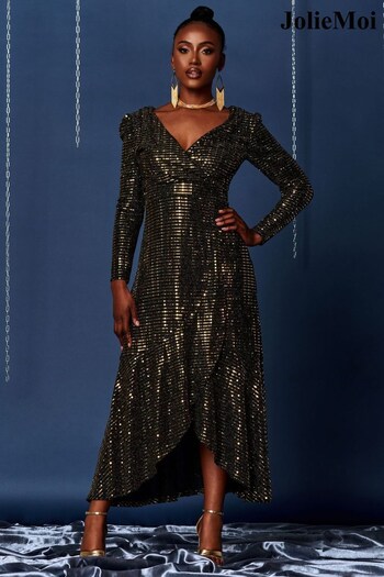 Jolie Moi Gold Sparkly Glitter Wrap Flare Maxi Dress (Q90904) | £78