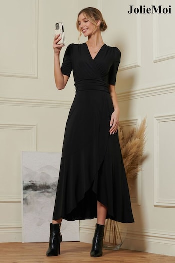 Jolie Moi Black Wrap Front Frill Hem Maxi Dress (Q90908) | £79