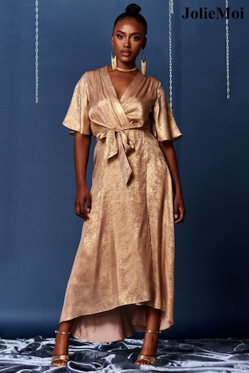 Jolie Moi Gold Metallic Effect Wrap Maxi Dress (Q90918) | £78