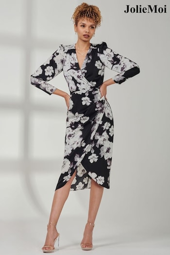 Jolie Moi Black Print Satin Wrap Bodycon Dress (Q90921) | £68