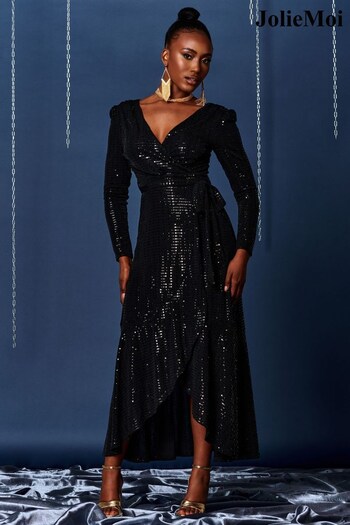 Jolie Moi Black Sparkly Wrap Frill Hem Maxi Dress (Q90924) | £78