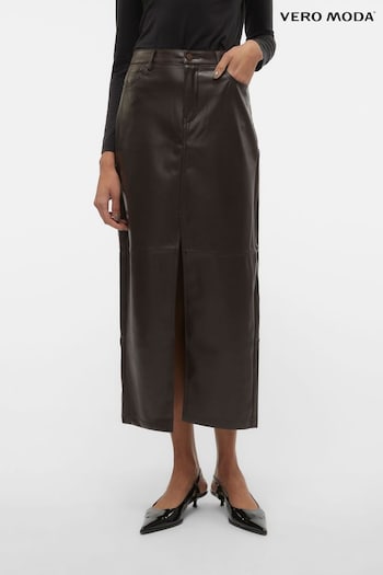VERO MODA Brown Faux Leather Midi Skirt (Q90949) | £38