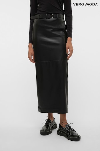 VERO MODA Black Faux Leather Belted Midi Skirt (Q90950) | £38