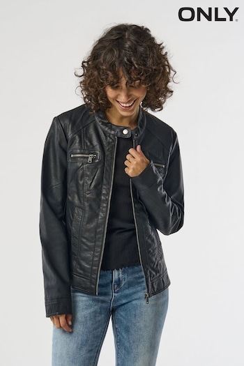 ONLY Black Petite Collarless Faux Leather Biker Jacket (Q90952) | £38