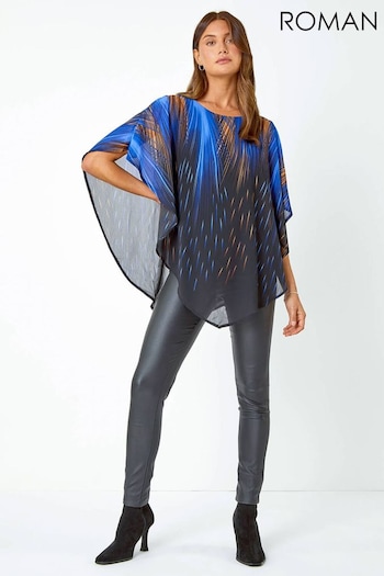 Roman Blue Abstract Print Chiffon Overlay Top (Q91034) | £38