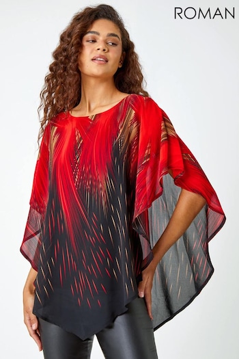 Roman Red Abstract Print Chiffon Overlay Top (Q91038) | £35