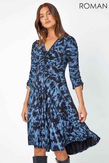 Roman Blue Abstract Print Ruched Stretch Dress (Q91047) | £40