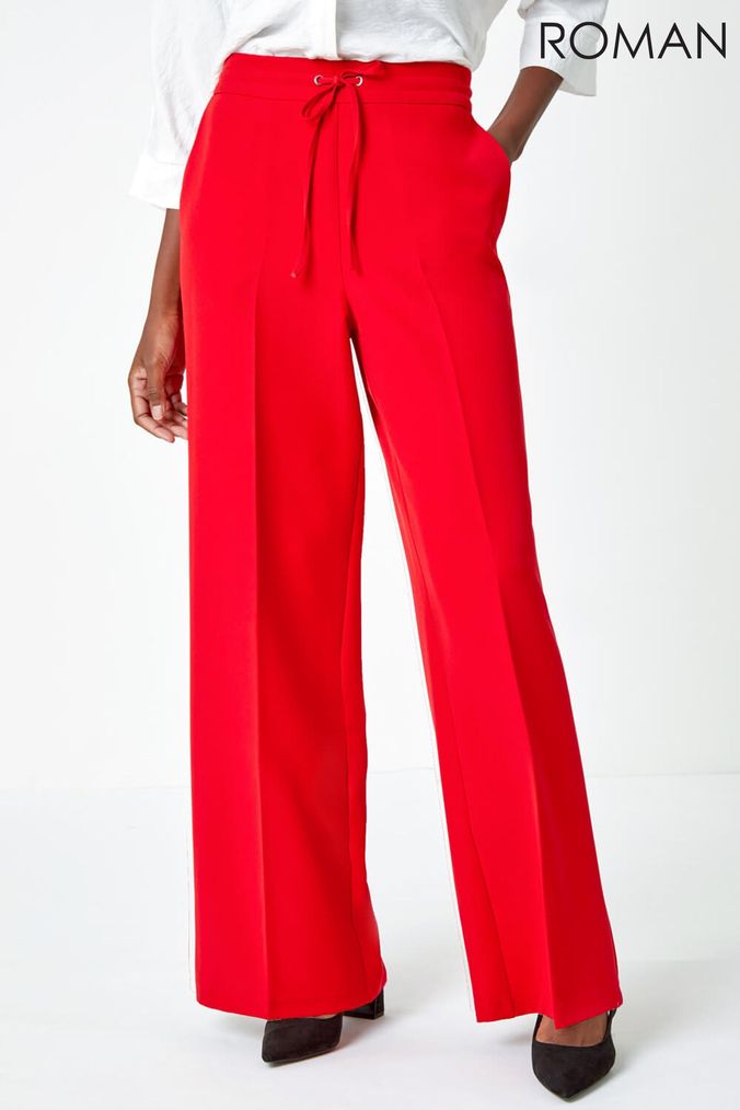 Retro & Vintage Plus Size Red Satin Belted Wide Leg Pants | Unique Vintage