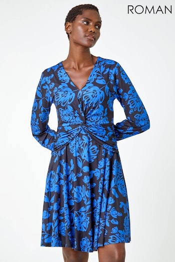 Roman Blue Floral Print Twist Detail Stretch Dress (Q91068) | £40