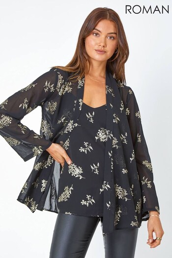 Roman Black Metallic Floral Print Kimono Jacket (Q91069) | £32
