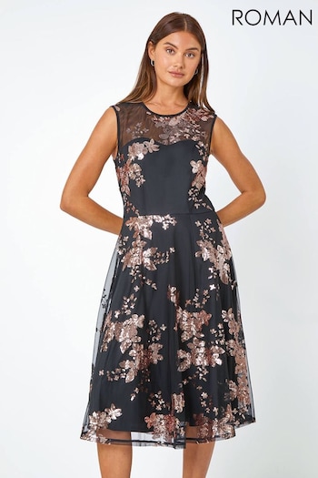 Roman Black Floral Sequin Print Midi Dress (Q91076) | £75