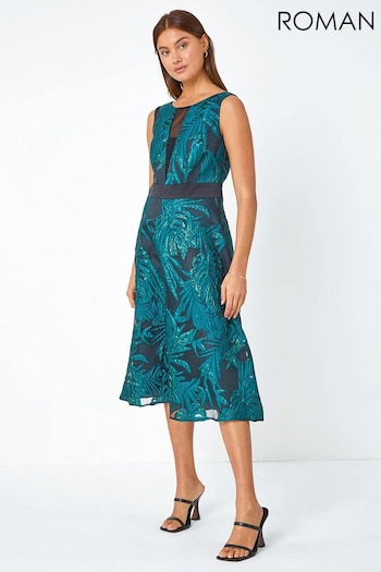 Roman Blue Metallic Floral Print Jacquard Dress (Q91079) | £75