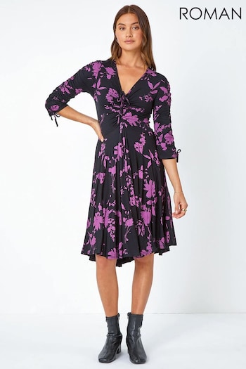 Roman Purple Floral Shadow Print Ruched Stretch Dress (Q91085) | £40