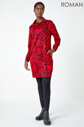 Roman Red Abstract Cowl Neck Pocket Shift Dress (Q91089) | £40