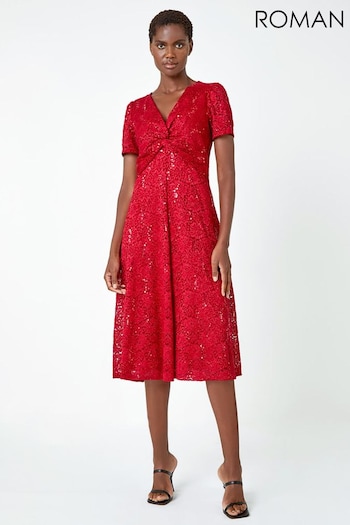 Roman Red Sequin Lace Twist Front Midi Dress (Q91103) | £50
