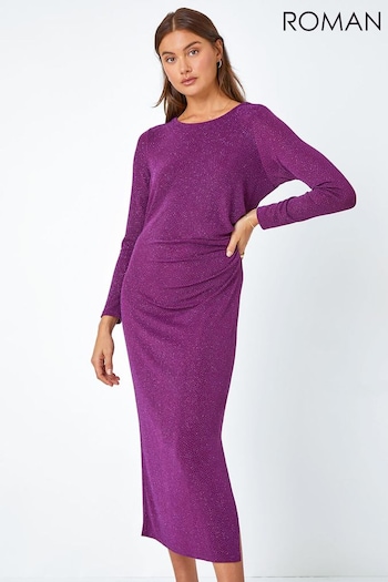 Roman Purple Glitter Cowl Back Midi Stretch Dress (Q91110) | £55